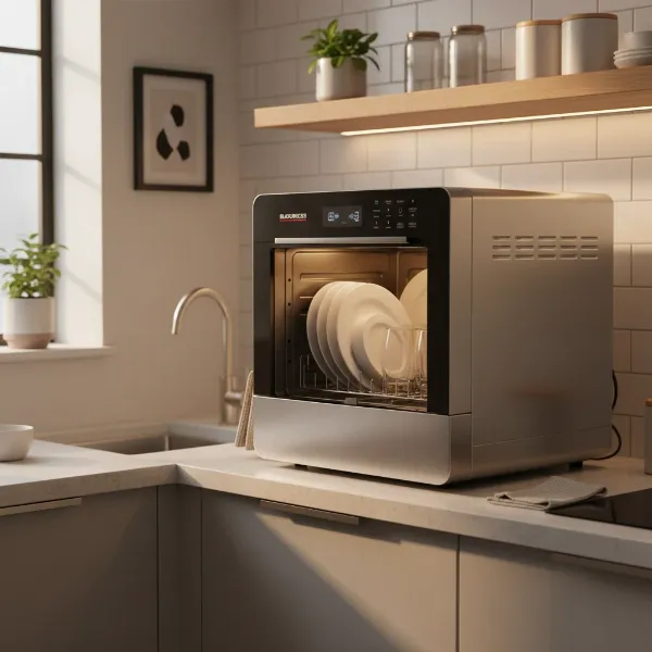 A Black+Decker compact countertop dishwasher placed on a modern kitchen counter with clean dishes inside, showcasing its sleek design and practicality for small spaces. The kitchen has warm lighting and minimalist decor. 
