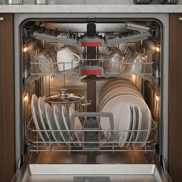 A wide shot of the interior of a Bosch Benchmark Series dishwasher, showcasing its spacious racks and bright interior lighting, highlighting the flexible loading options.