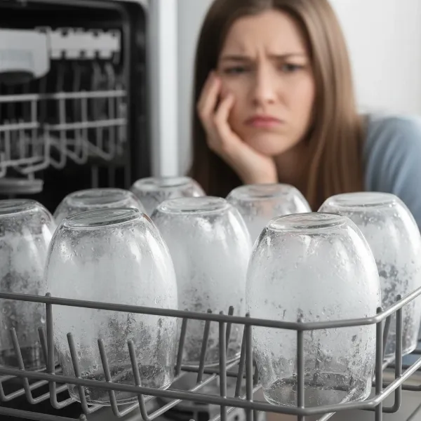Close-up of cloudy glasses inside a dishwasher rack, showing hard water spots and potential etching, with a frustrated person in the background