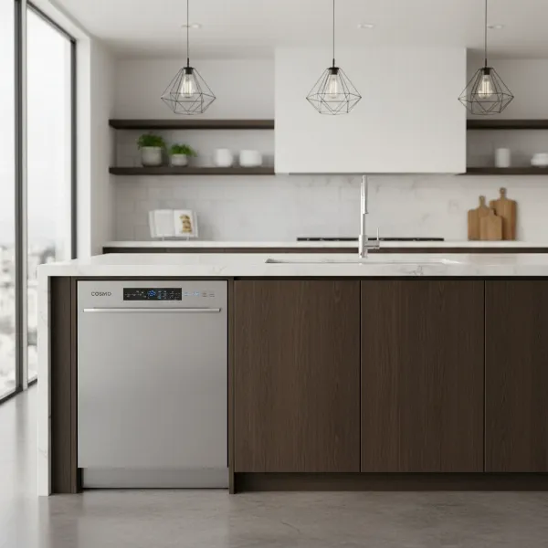 Cosmo COS-DIS6502 24-inch built-in dishwasher with hidden controls in a modern kitchen setting