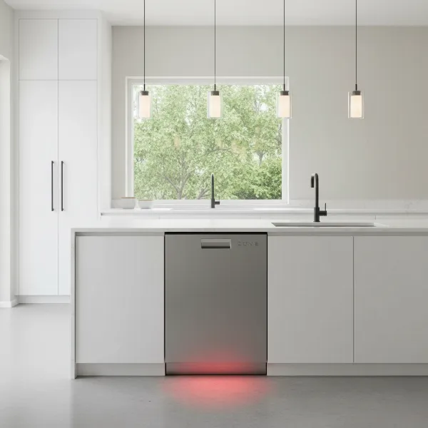 Cove DW2450 dishwasher operating silently with a red light on the floor