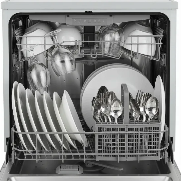 Interior of Danby DDW631SDB countertop dishwasher showing loaded dishes and spray arm for effective cleaning