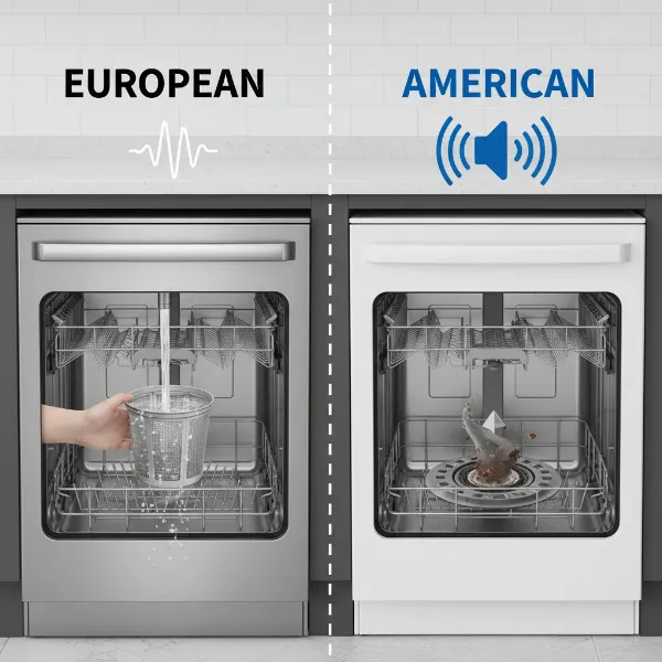Illustrating the noise difference and filtration systems of European vs American dishwashers, showing a quiet operation and filter basket versus a noisier disposer.