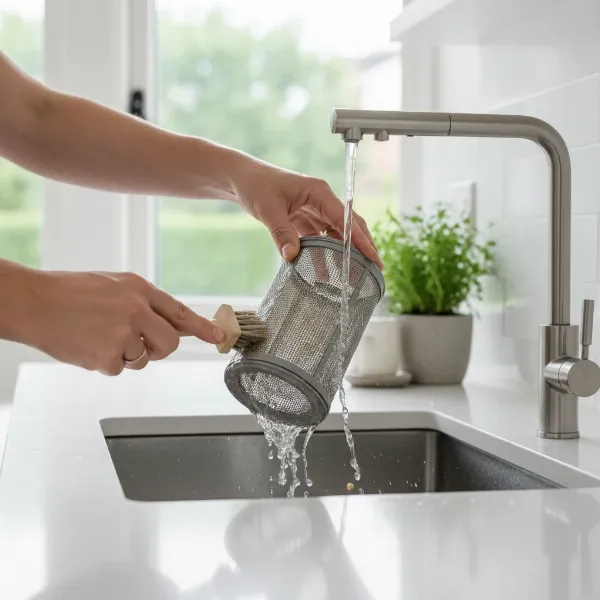 A person demonstrating how to clean a dishwasher filter, with hands visible, in a clean kitchen environment.