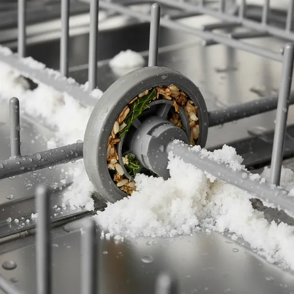 A close-up of a dishwasher rack wheel stuck due to food debris and hard water buildup on the track, illustrating common causes of immobility.