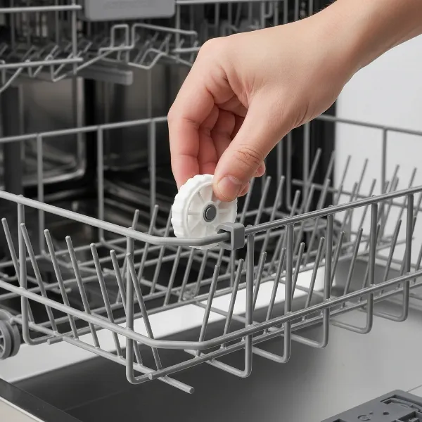 A close-up of a hand replacing a broken plastic wheel on a dishwasher rack, demonstrating the repair process.