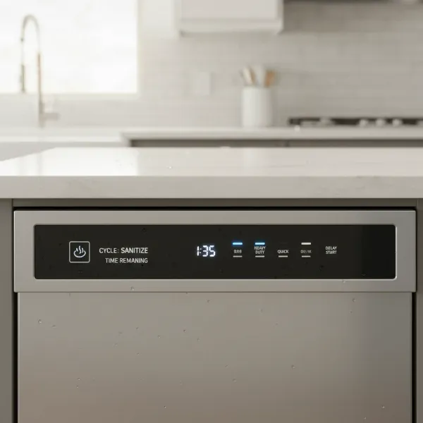 Overview of a dishwasher control panel with sanitize cycle active