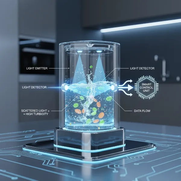 A close-up illustration of a dishwasher's turbidity sensor using light to detect particles in water, showing how it adjusts cycles for optimal cleaning.