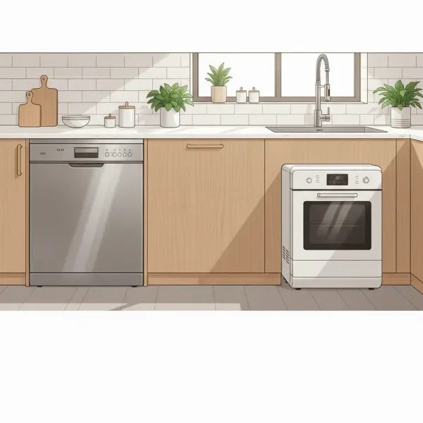 Illustration of various dishwasher types in different kitchen settings