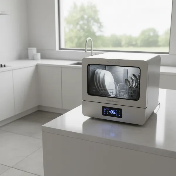 A Farberware Professional Portable Dishwasher on a kitchen countertop, with dishes inside.