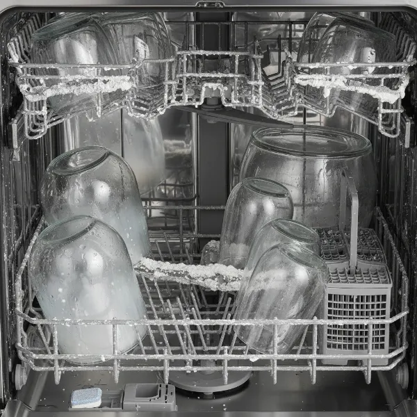 Hard water causing white film and limescale buildup in a dishwasher interior, with cloudy dishes