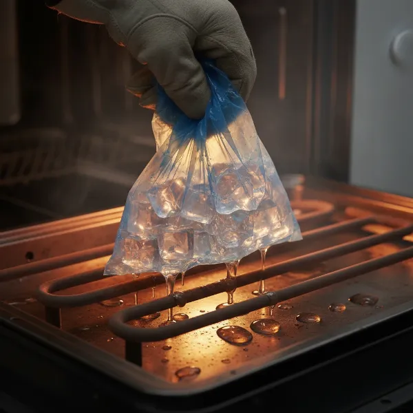 Applying ice pack to melted plastic on a heating element for easy removal