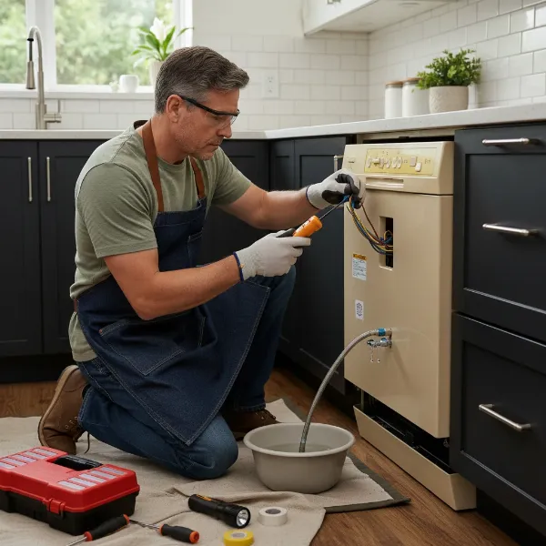 Person disconnecting an old dishwasher's water and electrical lines in a kitchen