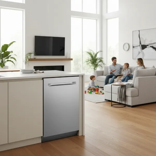 A sleek, stainless steel dishwasher seamlessly integrated into an open-concept kitchen, with a family quietly enjoying the living space nearby, emphasizing silence.