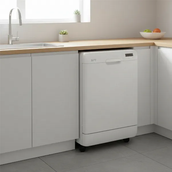 A white SPT SD-9263W portable dishwasher in a modern small kitchen, highlighting its compact size and mobility. 